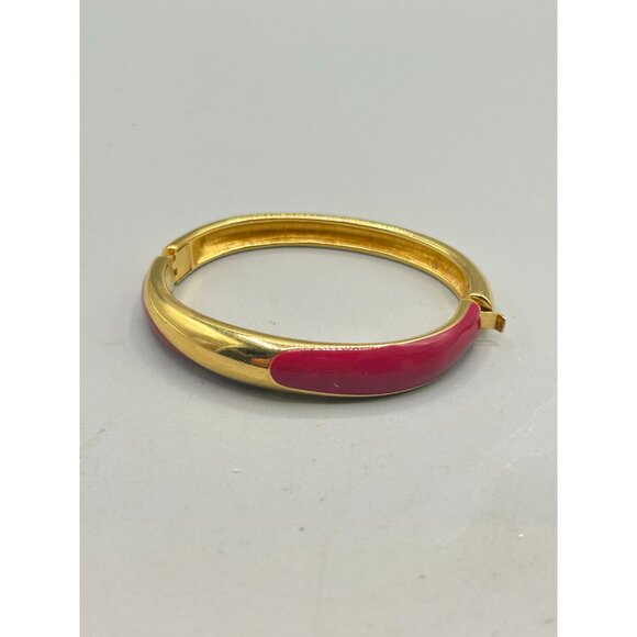 Monet Bracelet Gold Tone & Fuchsia Pink Enamel Hinged Bangle Bracelet - Picture 2 of 8